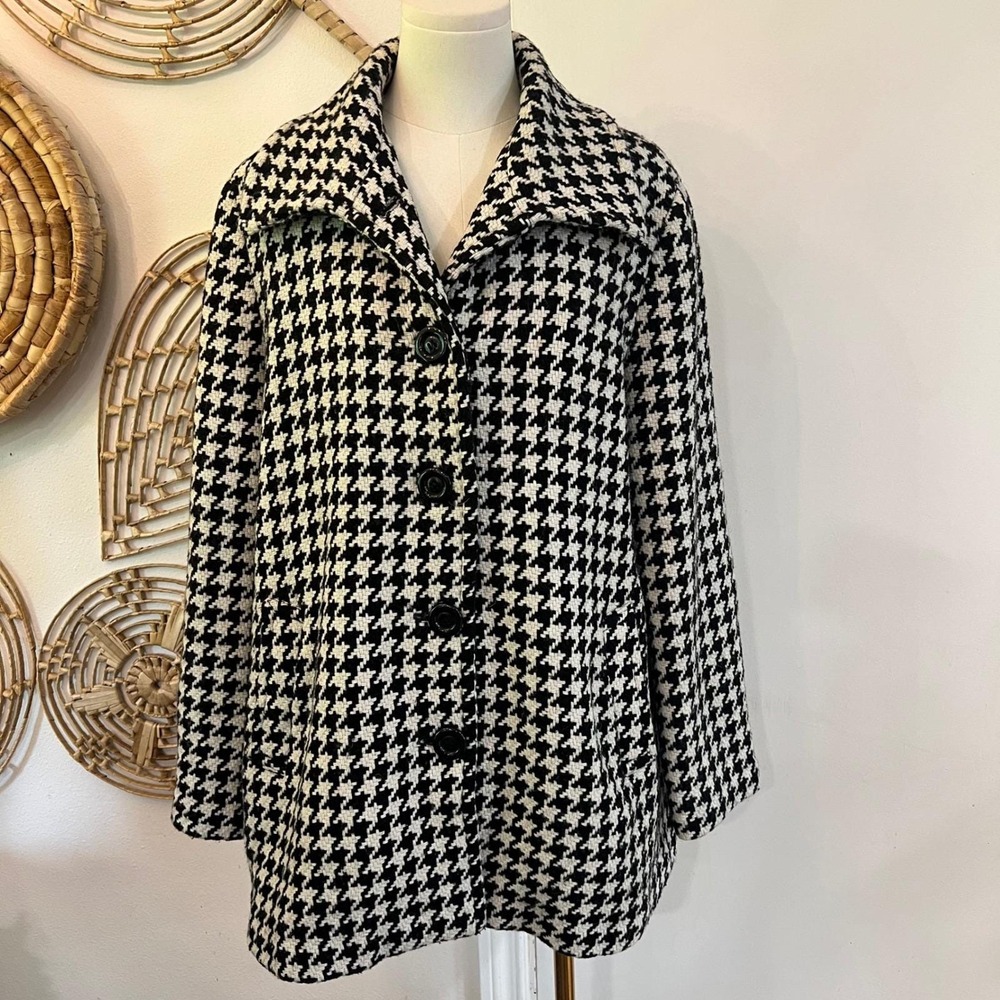 Vintage Giacca Wool Houndstooth Coat Oversized Swing Jacket Black White XL